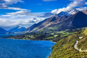 Glenorchy Gallery: Scenic overview of mountains and Lake Wakatipu with shoreline road to Glenorchy in the Otago