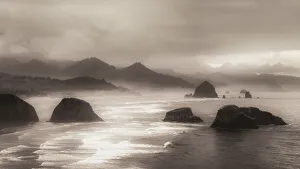 Scenic view of Cannon Beach with the famous rock formations and the Pacific Ocean, Oregon, USA Scenic view of Cannon Beach with the famous rock formations and the Pacific Ocean, Oregon, USA