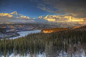 Scenic View Of The Chugach Mountian Range At Sunset As Seen From The Glenn Highway, Southcentral Alaska, Winter. Hdr Scenic View Of The Chugach Mountian Range At Sunset As Seen From The Glenn Highway, Southcentral Alaska, Winter. Hdr