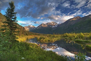 Images Dated 21st July 2013: Scenic View Of Eagle River Valley And Chugach Mountains At Sunset, Southcentral Alaska, Hdr