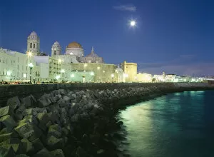 Images Dated 1st July 2008: Seafront And Cathedral Of Santa Cruz At Dusk