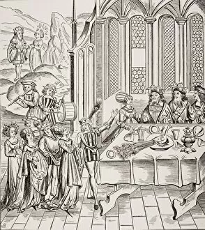 Serving The Peacock At A State Banquet. 19Th Century Copy Of Woodcut In Edition Of Virgil Published In Lyon 1517