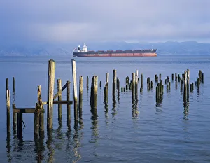 A Ship Anchors Near Astoria With Pilings In The Water; Oregon, United States Of America A Ship Anchors Near Astoria With Pilings In The Water; Oregon, United States Of America