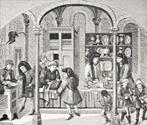 Shops Under Covered Market. Goldsmith, Dealer In Stuffs And Shoemaker. After Miniature In Aristotles Ethics And Shops Under Covered Market. Goldsmith, Dealer In Stuffs And Shoemaker. After Miniature In Aristotles Ethics And