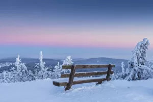 Snow Covered Winter Landscape with Bench at Dawn, Grosser Feldberg, Frankfurt, Taunus, Hesse, Germany
