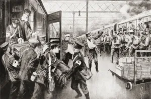 Soldiers Wounded During Wwi Arriving At Waterloo Station, London, England As Another Train Full Of Troops Is About To Soldiers Wounded During Wwi Arriving At Waterloo Station, London, England As Another Train Full Of Troops Is About To
