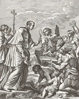 Spanish prelate Saint Turibius of Mogrovejo, 1538-1606, Archbishop of Lima, is presented a book by a group of Incas Spanish prelate Saint Turibius of Mogrovejo, 1538-1606, Archbishop of Lima, is presented a book by a group of Incas