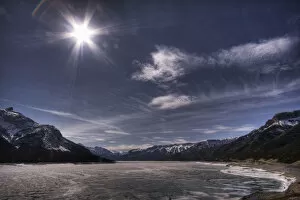 Images Dated 7th April 2007: Spring Time Sun Over A Frozen Abraham Lake, Alberta Rockies