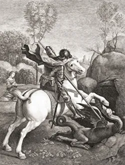 St. George and the dragon. St. George kills the dragon with his spear, thus saving the King' St. George and the dragon. St. George kills the dragon with his spear, thus saving the King'