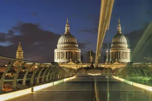 St. Paul's Cathedral Reflected in Glass of Millennium Bridge, London, England St. Paul's Cathedral Reflected in Glass of Millennium Bridge, London, England