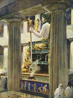 Statue of Zeus in the Temple of Zeus, Olympia in ancient Greece. It was made by Greek sculptor Phidias around 435 BC Statue of Zeus in the Temple of Zeus, Olympia in ancient Greece. It was made by Greek sculptor Phidias around 435 BC