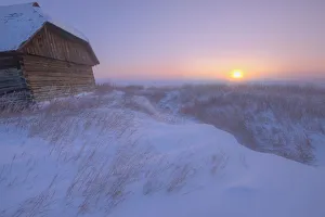 Sunrise On Abandoned, Snow-Covered Homestead, -40 Celsius, Alberta Prairie Sunrise On Abandoned, Snow-Covered Homestead, -40 Celsius, Alberta Prairie