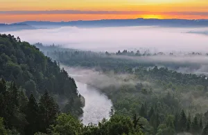 Sunrise and Mist in Isar Valley, Wolfratshausen, Isar valley, Upper Bavaria, Bavaria, Germany Sunrise and Mist in Isar Valley, Wolfratshausen, Isar valley, Upper Bavaria, Bavaria, Germany