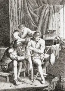 A surgeon operates on the arm of a patient in the 17th century. After a later copy of a 17th century work by Justus van A surgeon operates on the arm of a patient in the 17th century. After a later copy of a 17th century work by Justus van