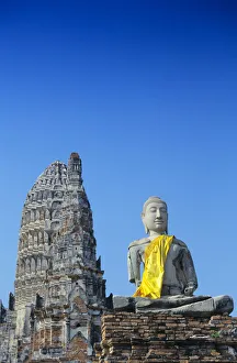 Thailand, Ayuthaya, Wat Chai Wattanaram, Buddha Statue And Temple Thailand, Ayuthaya, Wat Chai Wattanaram, Buddha Statue And Temple