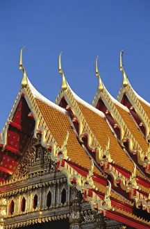 Thailand, Top of gold trimmed temple of Wat Benjamabophit (Marble Temple); Bangkok Thailand, Top of gold trimmed temple of Wat Benjamabophit (Marble Temple); Bangkok