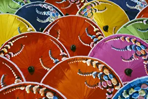 Thailand, Silk Umbrella Factory, Close-Up Of Many Colorful Umbrellas Thailand, Silk Umbrella Factory, Close-Up Of Many Colorful Umbrellas