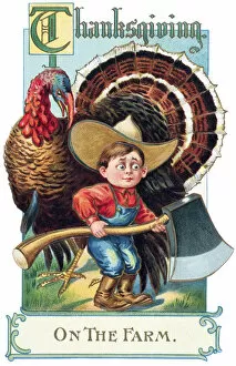 Images Dated 20th September 2004: Thanksgiving Greeting Card With Illustration Of Boy And Turkey From 20th Century
