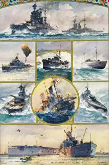 Images Dated 5th August 2012: Types Of British Warships Brought Into Being By The Great War. From Top, Left To Right