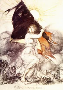 Unconquerable. An Heroic Woman Carries Forward The Tattered Flag Of Belgium After Unconquerable. An Heroic Woman Carries Forward The Tattered Flag Of Belgium After