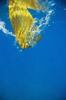 Underwater View Of Yellow Paddle Stroking Water, Creating Bubbles
