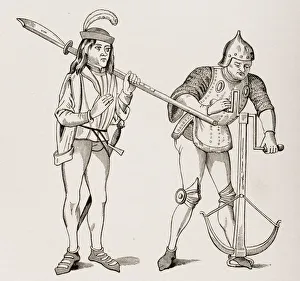 Varlet Or Squire Carrying Thick Bladed Halberd And Archer In Fighting Dress Drawing Crossbow String With Double Handled Varlet Or Squire Carrying Thick Bladed Halberd And Archer In Fighting Dress Drawing Crossbow String With Double Handled