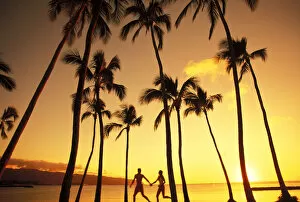 Images Dated 10th March 2004: View Of Couple In Park By Beach Palm Trees, Golden Sunset