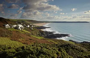 A view along Woolacombe Beach from Mortehoe, near Barnstaple, Devon, Great Britain; Southwest England, Great Britain