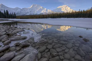 Winter Sunrise On The Athabasca River In Jasper National Park, Alberta, Canada Winter Sunrise On The Athabasca River In Jasper National Park, Alberta, Canada