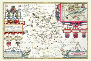Prints of A fine reproduction of John Speeds historical map of Bedfordshire originally published for the Theatre of the Empire of Great Britain, an atlas to accompany a history of Great Britain' Bedfordshire Prints: Bedfordshire 1611 Print: A Reproduction of John Speed's Historical Map