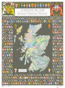Prints of Now republished at its original full size, the Scotland of Old Map, also known as the Bartholomew Clan Map of Scotland, features The Lands, The Arms, The Crests' Scotland Prints: Historic Scotland Map Print