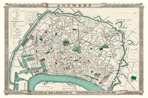 Prints of This is a detailed Plan of Antwerp showing the streets, canals, principal buildings, railways and railway stations. There is a numbered key to principal buildings and places of interest Pop Art Prints: George Bradshaw's Colour Print of Antwerp 1896