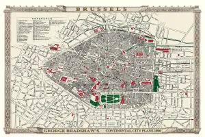 Prints of This is a detailed Plan of Brussels showing the streets, canals, principal buildings, railways and railway stations. The walled inner city is differentiated from the outer part of the city Pop Art Prints: George Bradshaw's Plan of Brussels Print, 1896