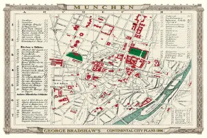 Prints of This is a detailed Plan of Munchen, or Munich, showing the streets, canals, principal buildings, railways and railway stations Pop Art Prints: George Bradshaw's Plan of Munchen Print, 1896
