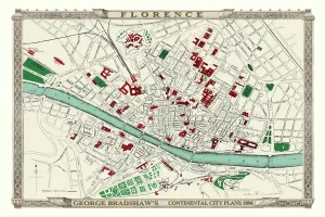 Prints of This is a detailed Plan of Florence showing the streets, canals, principal buildings, railways and railway stations Pop Art Prints: George Bradshaw's Colour Print of Florence, Italy 1896