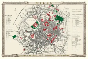 Prints of This is a detailed Plan of Milan showing the streets, canals, principal buildings, railways and railway stations Pop Art Prints: George Bradshaw's Colour Print of Milan, Italy 1896