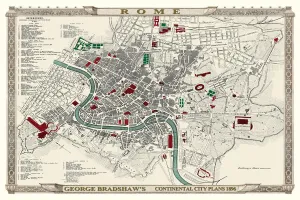 Prints of This is a very detailed Plan of Rome showing the streets, canals, principal buildings, railways and railway stations, as well as the many ancient Roman sites Pop Art Prints: George Bradshaw's Colour Print of Rome, Italy 1896