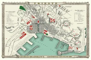 Prints of This is a very detailed Plan of the Port and City of Trieste showing the Port, streets, canals, principal buildings, railways and railway stations Pop Art Prints: George Bradshaw's Colour Print of Trieste, Italy 1896