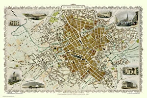 Highgate Gallery: Old Map of Birmingham 1851 by John Tallis