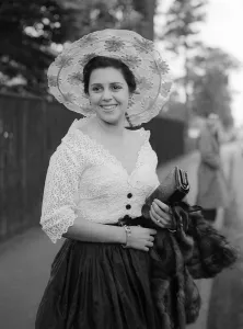1953 Clothing Ascot Fashion Hazel Wood-Smith wearing a wide brimmed bonnet style hat 1953 Clothing Ascot Fashion Hazel Wood-Smith wearing a wide brimmed bonnet style hat