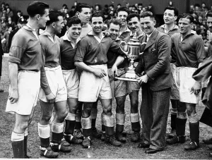 Aberdeen football players team manager celebrate after winning the 1947 Scottish FA Cup Aberdeen football players team manager celebrate after winning the 1947 Scottish FA Cup