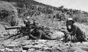 Abyssinian War October 1935 Italian machine gun post guarding the rear of Abyssinian War October 1935 Italian machine gun post guarding the rear of
