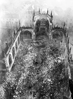 Aerial view showing the ruins of Coventry Cathedral after it was destroyed by the German Aerial view showing the ruins of Coventry Cathedral after it was destroyed by the German