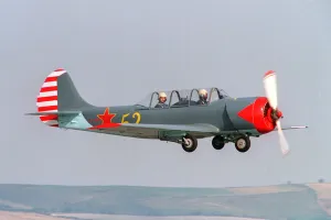 Aircraft Yak 52 Trainer August 1993 flying at the Wroughton Airshow Aircraft Yak 52 Trainer August 1993 flying at the Wroughton Airshow