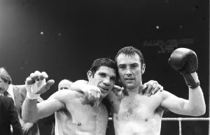 Alan Minter with Gratien Tonna after winning fight 1978 at Wembley puts arms around Alan Minter with Gratien Tonna after winning fight 1978 at Wembley puts arms around
