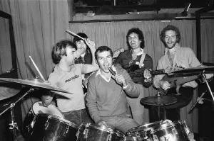 Alan Minter with pop group Jigsaw at recording studio in Clapham Alan Minter with pop group Jigsaw at recording studio in Clapham