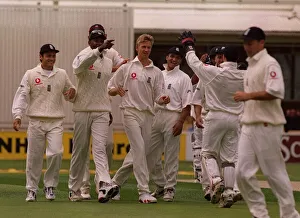 Alan Mullally celebrates wicket of Roger Towse July 1999 with rest of England Alan Mullally celebrates wicket of Roger Towse July 1999 with rest of England