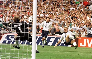 Alan Shearer scores the first goal in the Englands first European Football Championships Alan Shearer scores the first goal in the Englands first European Football Championships