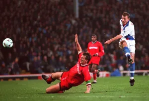 Alan Shearer scoring goal for Blackburn Rovers v Queens Park Rangers to make the score Alan Shearer scoring goal for Blackburn Rovers v Queens Park Rangers to make the score