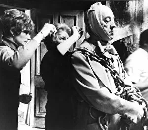 Alec Guinness preparing to film ghost scene in film musical Scrooge - February 1970